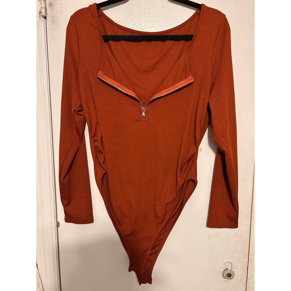 Shein Ribbed Long Sleeve Bodysuit Rust Orange Large Half Zip Casual Streetwear